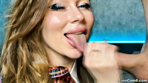 Blonde babe in plaid blouse sticks tongue out teasing big hard cock blowjob
