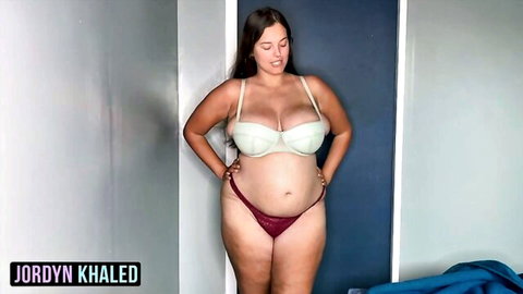 Jordyn Khaled pregnant BBW in white bra and red panties