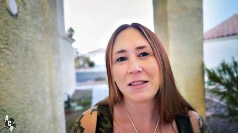 Tattooed brunette PAWG neighbor in camo tank top shares kinky story