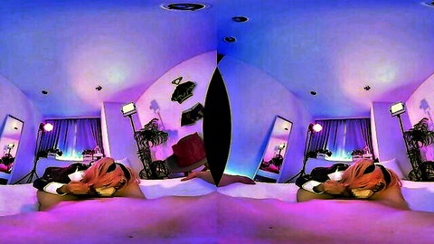 VR redhead babe posing nude ass up on bed with cat in purple neon bedroom