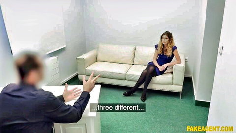 Candice Demellza in steamy audition interview, blue dress and stockings