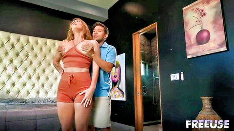 Blonde MILF with long legs in freeuse embrace, sexy orange outfit