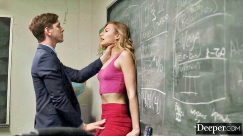 Alexa Grace in pink top and red skirt grabbed by teacher in classroom