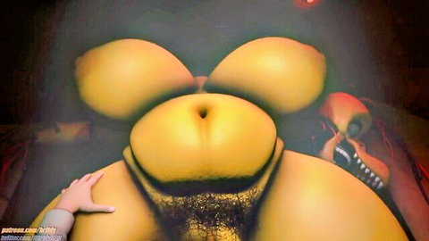 Yellow BBW with massive tits hairy pussy mound groped by pale hand in dark red-lit demonic scene