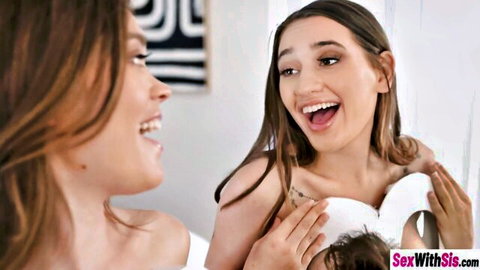 Two horny teen brunettes smiling topless, craving big dick