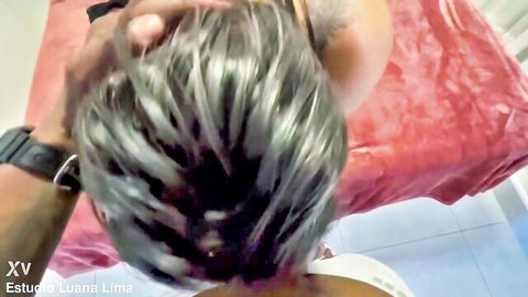 Ebony mom with wet silver hair in sensual bedroom tease