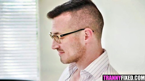 Derek Kage in shirt gazes intensely, teasing stepdad trans taboo with Antonella Morena
