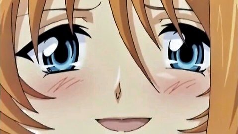 Blushing anime girl with orange hair and blue eyes in aroused hentai expression