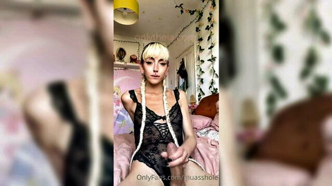 Blonde pigtails babe in black lace lingerie masturbates to huge orgasm