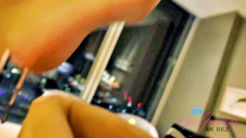 Blurry POV close-up of hot teen's bare feet and legs in old-young scene