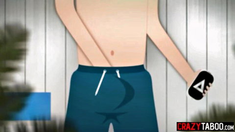 Shirtless muscular man in blue swim trunks holding phone, teasing bulge
