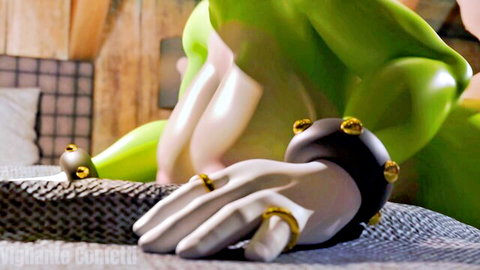 Seductive green-skinned Surge with massive tits and gold jewelry pose