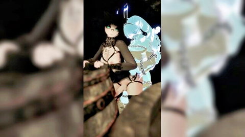 Anime girl in black chain harness groped by blue tentacle monster on barrels