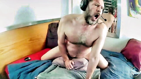 Hairy bearded dad amateur masturbating and cumming on webcam
