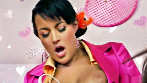 Tarra White exposing big tits in open pink suit jacket, moaning