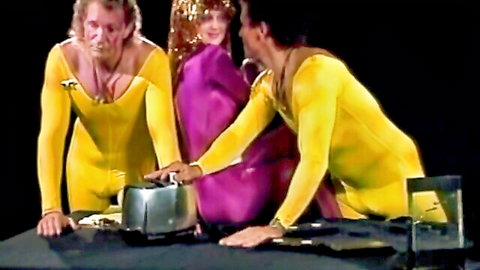 Vintage 1989 MMF threesome in shiny yellow leotards and purple wrap, Dirty Movies