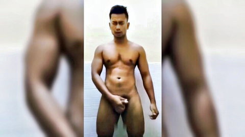 Muscular Indonesian man nude posing and jerking off solo