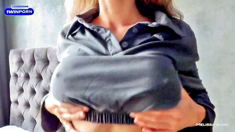 Melissa Burn teasing big breasts in open gray shirt post-gym