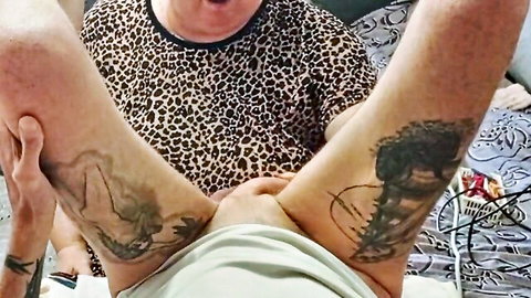 Zona901 MILF in leopard top deepthroating and jerking off tattooed cock