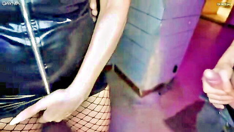 Daynia barmaid in latex dress and fishnets gives handjob