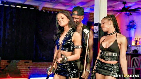 Kira Noir and Ryan Reid in sexy black leather outfits with Chocolate God in threesome tease