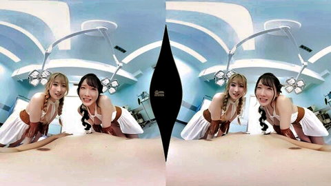 Two sexy Japanese nurses with twintails in skimpy outfits posing seductively