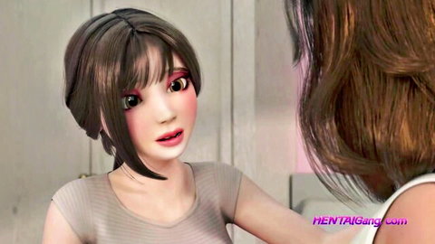 Two cute anime girls in tight tops chatting in bathroom mirror hentai scene