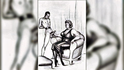 Busty curvy woman in latex grabs naked muscular man's thick cock handjob tease cartoon sketch