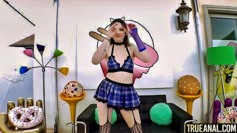 Playful cosplay teen in black lace bra showing small tits cleavage, plaid microskirt and stockings posing cutely