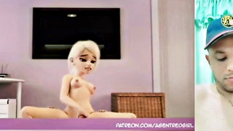 Blonde hentai girl with perky tits spreads legs wide fingering her pussy nude on bed for webcam guy.
