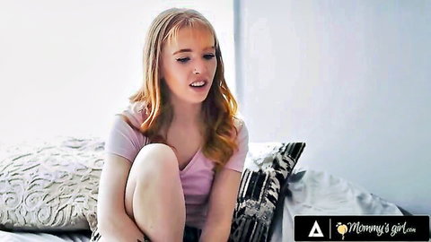 Redhead teen in tight pink tank top sits on bed with legs spread mouth open Mommy's Girl