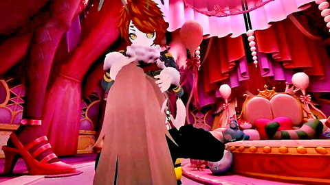 Animated femboy in frilly pink dress posing seductively in VR hookup