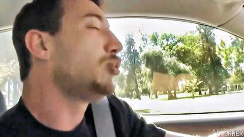 Man moaning in ecstasy while driving car, Amber Rayne hardcore scene