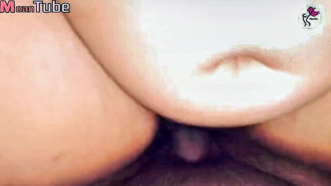 Closeup of engorged Asian pussy lips spread wide around cock tip penetration