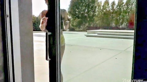 Veronica Leal skinny brunette teasing in gym door after workout