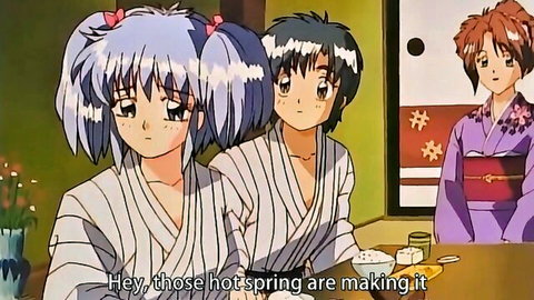 Anime girls in yukatas relaxing at hot springs table in Magical Twilight Ep.3