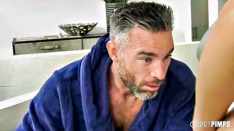 Charles Dera in blue robe entices Gia Derza in intimate small tits scene
