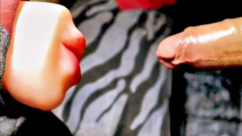 Big lubed cock deepthroating realistic sex doll's glossy red lips and open mouth