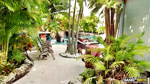Tropical BangBros poolside oasis with lounge chairs and palm trees