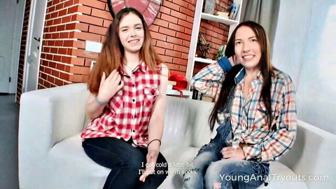 Linda Weasley and brunette in plaid shirts smiling for threesome preview