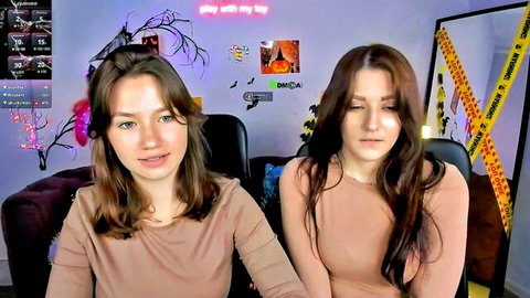 Angel Void shy lesbian camgirl duo with big boobs in beige tops