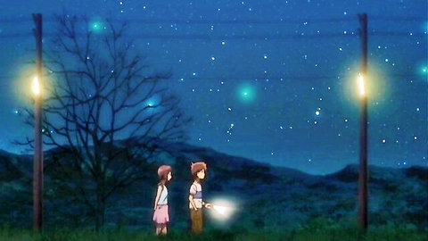 Anime teen girl in skirt and boy holding flashlight stargazing romantically under night streetlamps