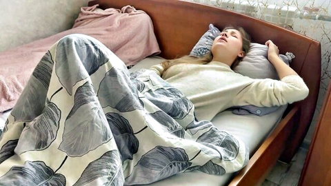 Blonde hot wife resting in bed after sticky creampie finish