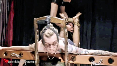 Nicky bound in ropes, messy slobbering face, tickled soles in BDSM