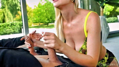 Blonde big tits babe in skimpy lingerie strokes massive erect cock handjob outdoors