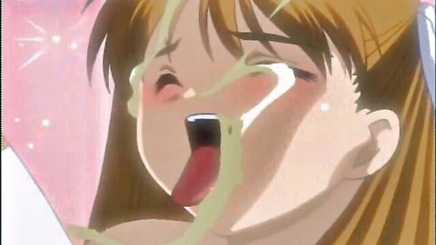 Hentai anime girl with orange hair vomiting green liquid in extreme fetish scene