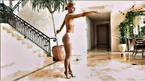 Nude blonde babe with nice ass practicing ballet steps