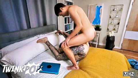 Slim nude twink rides tattooed muscular hunk's cock reverse cowgirl in intense gay anal fuck