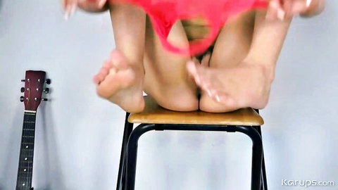 Skinny blonde Scarlet Sage solo masturbation, legs spread exposing pussy