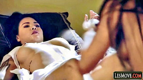 Jelena Jensen fingers topless Adriana Chechik in steamy lesbian bed scene